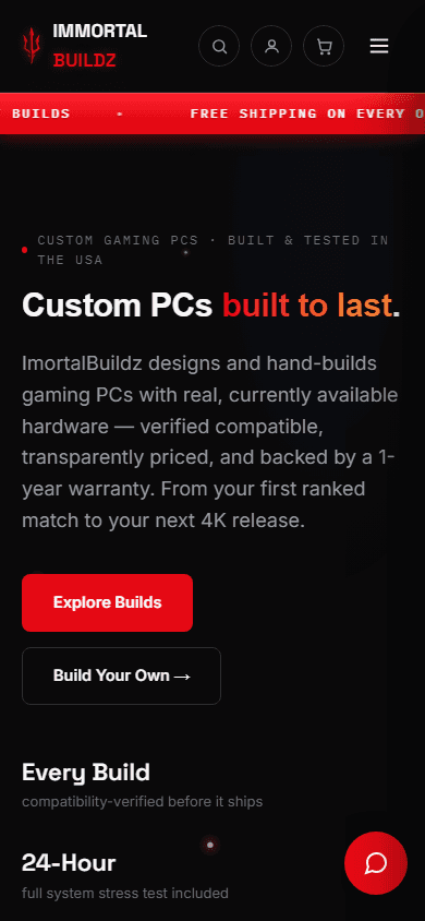 ImortalBuildz website, mobile layout